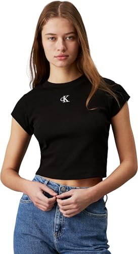 Calvin Klein Damen T-Shirt Kurzarm Ck Rib Baby Tee Cropped, Schwarz (Ck Black), L – Ansicht 1