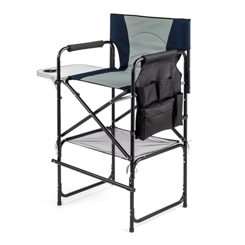 mefeir 31" Extra Tall Director Chair w/Side Table, Heavy-Duty Steel Frame Portable Folding Bar Stool w/Storage Pockets, for Makeup Artist, Salon, Studio, Camping, 300 lbs Capacity (Navy)