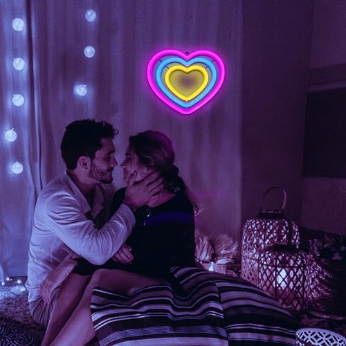 Image of ENUOLI Pink Heart Neon Sign, Rainbow Heart LED Neon Light for Home Decor | Battery /USB Operated Heart Decorations Lamp Night Lights for Valentine's Day,Birthday,Party,Christmas,Girls,Lover,Teens Gift