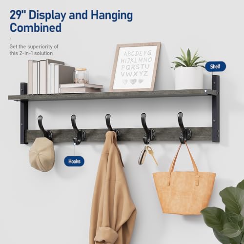 Image of Tatub 29 inch Rustic Coat Rack Wall Mount with Shelf, Entryway Wall Hooks with Shelf, Coat Hangers for Bathroom, Living Room, Bedroom, Dark Grey