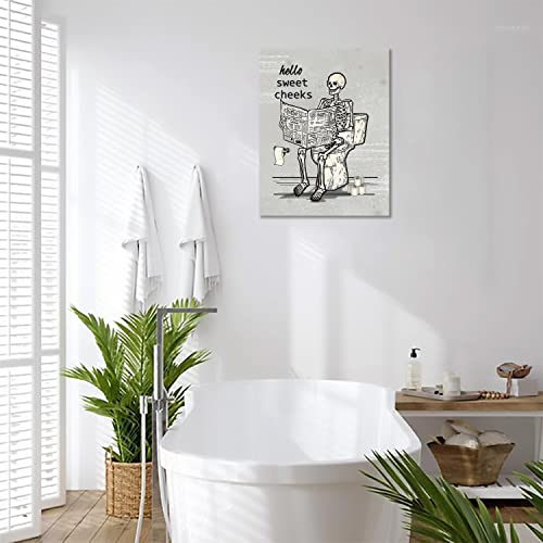 Fuzawet Retro Skull Bathroom Decor Wall Art Funny Gothic Skeleton Bathroom Toilet Sign Pictures Canvas Print Vintage Halloween Bathroom Decor Modern Goth Home Painting Framed Ready To Hang 12X16 In #TOP2