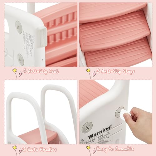 Toddler 3 Step Stool Kids Standing Tower for Bathroom Sink Kitchen Counter, Plastic Stepping Standing Stool Helper with Handles Sides for Toilet Potty Training, Lightweight Non-Slip