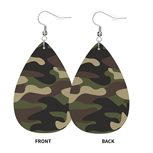 Camo Faux Leather Earrings For Women Dangle Lightweight Green Brown Camouflage Teardrop Earrings #TOP1