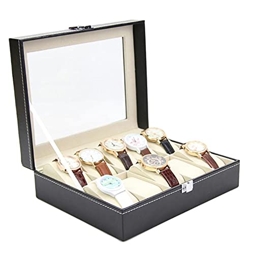 10 rejillas caja de reloj de cuero PU relojes vitrina joyería titular organizador de almacenamiento con cerradura