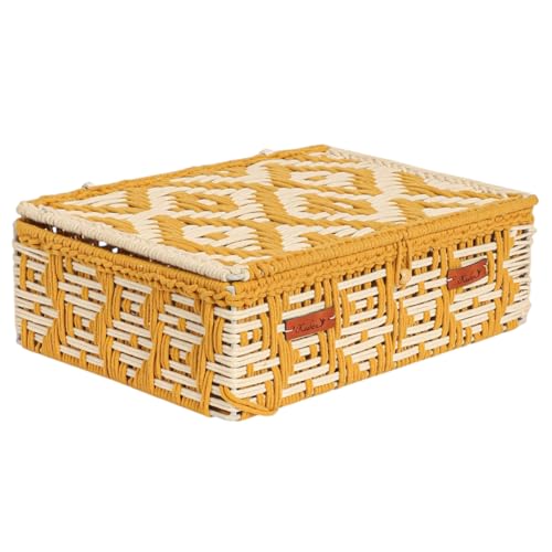 Image of Kaahira Handmade Decorative Storage Box and Organiser | Macrame Gift Hamper Box for Cosmetics, Toiletries & Return Gifts | Aesthetic Rope Woven Organizer (Yellow and White, Large - 14x10x4 inches)