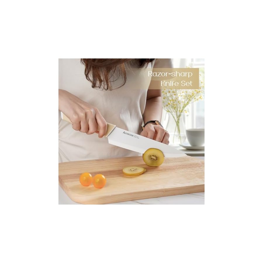 Astercook Kitchen Knife Set with Block and Sharpener 15 Piece Knives Set with Ceramic Coating German High Carbon Stainless Steel Knives Sharp Blade Dishwasher Safe Knife Set with Ergonomic Handle