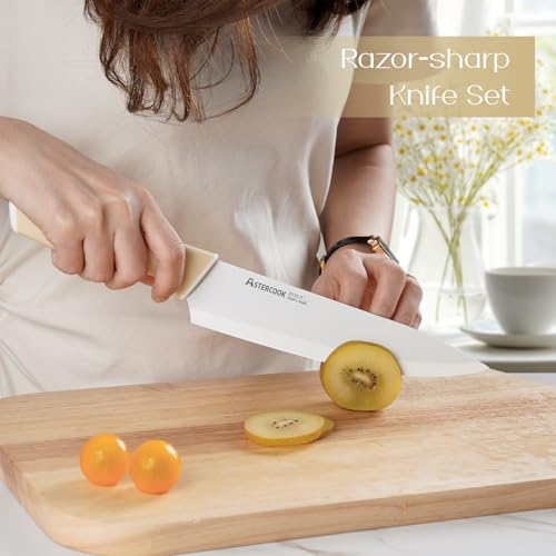 Image of Astercook Kitchen Knife Set with Block and Sharpener 15 Piece Knives Set German High Carbon Stainless Steel Knives Sharp Blade Dishwasher Safe Deba Knives with Ergonomic Handle