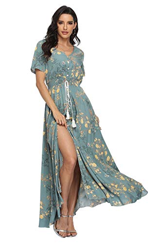 Image of VintageClothing Women's Floral Maxi Dresses Boho Button Up Split Summer Casual Long Dress Beach Party Dress