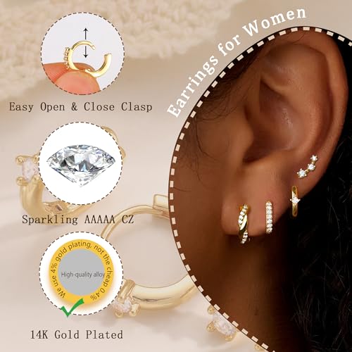 Small Gold Hoops Earrings for Women Trendy Gold Earring Set, 14K Gold Plated Hypoallergenic Huggie Earrings Lightweight Stud Earrings for Women, Twisted CZ Cartilage Earings 4 Pairs2