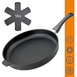 Eurolux Premium Brat-Pfanne, 28 cm Durchmesser, 5 cm hoch, aus Aluminium-Guss – Made in Germany, Induktionspfanne mit Stiel-Griff und extra Pfannenschoner, für Induktion geeignet, schwarz, rund