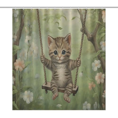 Rideau de douche imperméable chat mignon 168x183 cm pour salle de bain