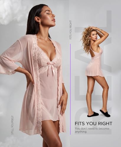 Image of RSLOVE Women Sexy Lingerie Set - 3 Piece Babydoll & Lace Kimono Robe Strap Chemise Nightgown Mesh Sleepwear