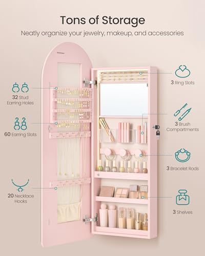Image of SONGMICS Wide Jewelry Organizer, LED Jewelry Cabinet Wall /Door Mounted, Arched Mirror with Storage, Lockable, Rounded Corner, Interior Mirror, 3.9 x 16.5 x 42.5 Inches, Jelly Pink UJJC020SA01S