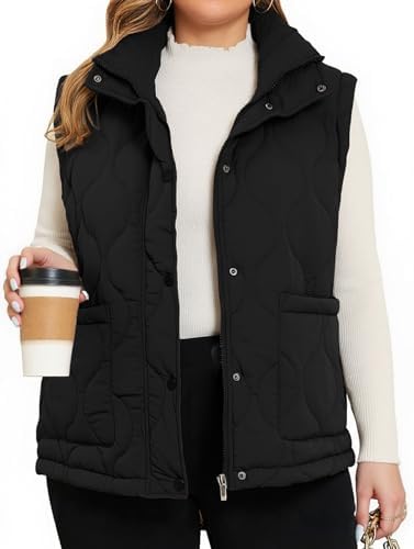 Theenkoln Plus Size puffer Vest:Sleeveless Zip Up Stand Collar Outerwear Quilted Puffy Winter Vest Jacket with Pockets