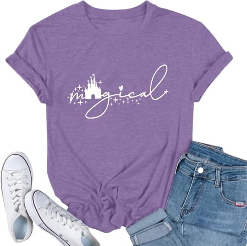 Magical Shirt for Women Magic Kingdom Tshirt Cute Castle Graphic Tees Family Vacation Shirts Short Sleeve Casual Tops Light Purple-XL