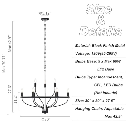 Widluth Industrial Black Chandelier Vintage 9-Lights Farmhouse 30 Inch Candle Style Black Chandelier Light Fixture Retro Modern Black Chandelier For Dining Room thumb #2