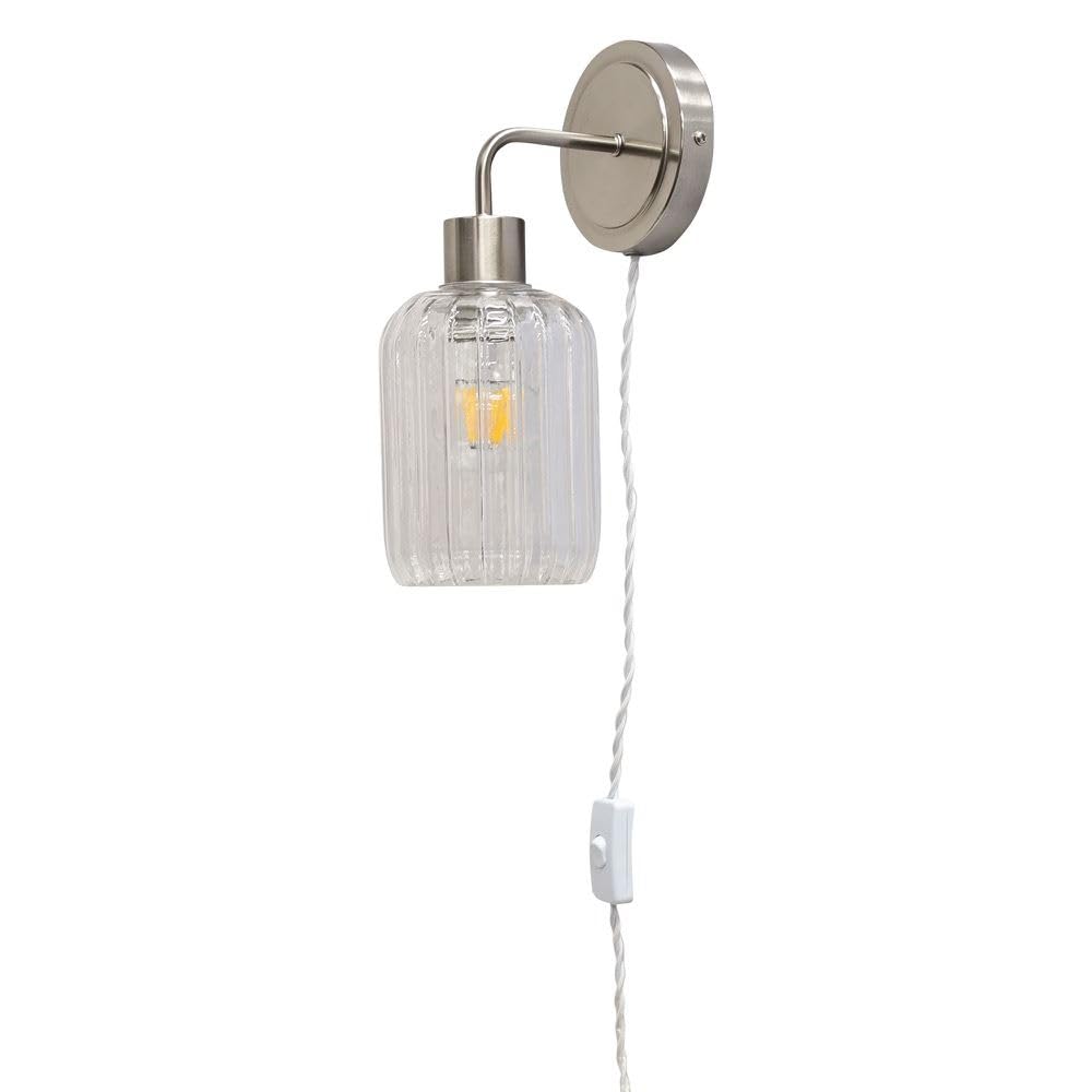 Firstchoicelighting Satin Nickel & Clear Satin Nickel Plug In Wall Light Or Bedside Reading Lamp With Clear Ribbed Lozenge Glass Shade
