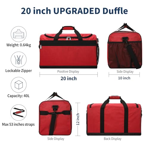 Image of 20 inch Sport Duffle Bag for Men, Red | 40L Gym Bag, Weekender Duffel Bag, Travel