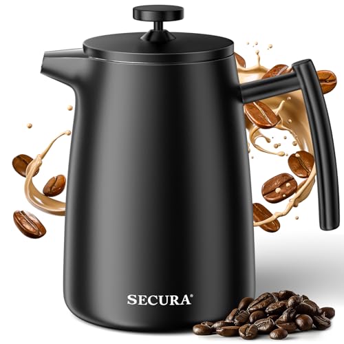 Secura 50oz French Press Coffee Maker 304 Stainless Steel Insulated Coffee Press with Extra Filter Black