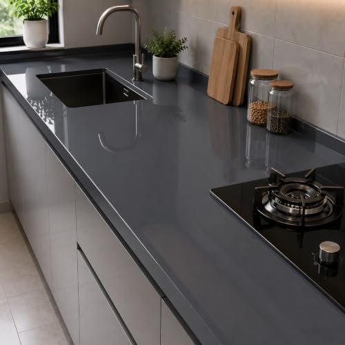 Image of Vinyl Contact Paper Decorative for Cabinets Countertops Kitchen Shelves Liner Self Adhesive Film Peel and Stick Waterproof Removable Wallpaper (Inches 24 x 300, Glossy Grey)