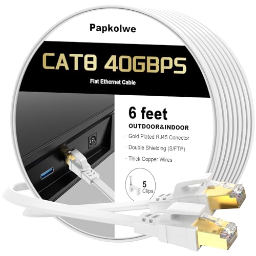 Cat 8 Ethernet Cable 6 ft, Heavy Duty High Speed Cat8 LAN Network Cable, 40Gbps 2000MHz RJ45 Flat Internet Computer Patch Cord, Weatherproof S/FTP UV Resistant for Gaming/Router/Modem,Outdoor&Indoor