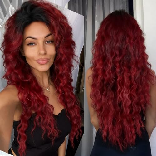 Image of GNIMEGIL Womens Long Curly Wig Vibrant Red to Black Ombre, Full Voluminous Curls, Synthetic Fiber Hairpiece for Cosplay, Halloween, Parties & Photoshoots