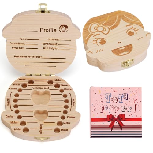 Image of NASHRIO Baby Tooth Box Wooden Kids Keepsake Organizer Gift for Baby Teeth, Cute Children Tooth Container with Tweezers to Keep the Childwood Memory (Gril)