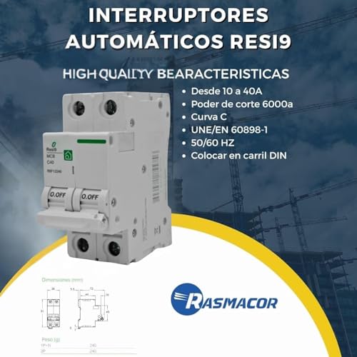 RASMACOR | Leitungsschutzsschalter Schalter 2P 10A | RESI9 Rasmacor R9F12210 | KURVE C | Frequenz 50/60 Hz | UNE/EN 60898-1 CE-Norm | 10 Ampere | Automatischer 2-poliger Automatikschalter
