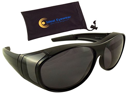 Sun Shield Fit Over Sunglasses with Polarized Lenses by Ideal Eyewear - Wear Over Prescription Glasses - Great for Fishing, Boating, Golf, & Driving (Black Frame / Smoke Lens with case, Medium)