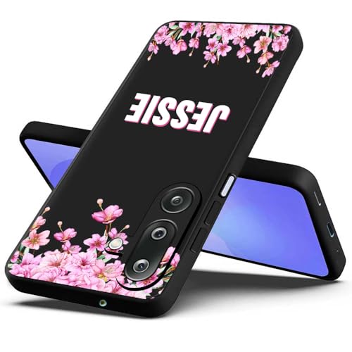 Image of Fashionury Back Cover Case for Samsung Galaxy M36 5G / Samsung Galaxy F36 5G | Matte Soft Silicon Flexible | Camera Bump Protection | Name with Pink Flowers Design | Get Your Name on Cover (Black)