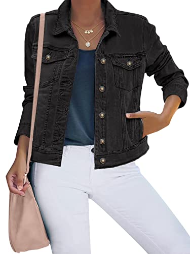 luvamia Womens Casual Basic Button Down Stretch Regular Fit Long Sleeves Denim Jean Jacket Vintage Black Size X-Large