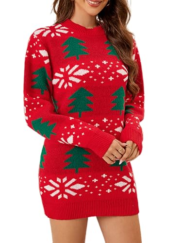 Women Christmas Sweater Dress Long Sleeve Crewneck Jumper Sweater Xmas Ugly Reindeer Pullover Knitwear Tops