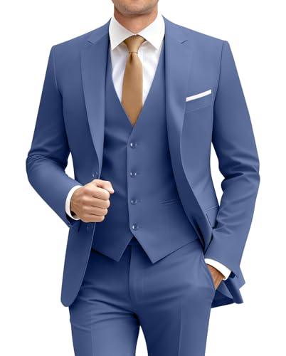 Image of Mens Suit Solid Two Button Slim Fit Suit Set for Wedding Formal Business Suit Men 3 Piece Suit Blazer Vest Pants Set