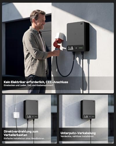 dé Wallbox 11kW mit APP, 7,5m Typ 2 Ladekabel mit Kabelhalter, 3-Phasen EV-Ladegerät (6-16A, 400V), für BEV/PHEV, RCD Type A 30mA AC + 6mA DC & IP54-Schutz, effiziente Ladestation für Zuhause, Schwarz