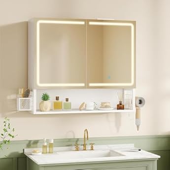 Foto di FORABAMB Specchio Bagno 70x16x60 cm con Luce LED Regolabile, Specchio Bagno Contenitore con Mensole Regolabili, Mobile Specchio Bagno con Presa Elettrica e Supporto per Asciugacapelli, Controllo Touch
