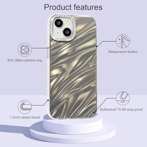 Image of DIZORO Compatible with iPhone 15 Case | Marble Glossy Hard PC Back Cover with Diamond Camera Protector | Ultra Stylish Shockproof Back Cover Case for Girls Women-Desert