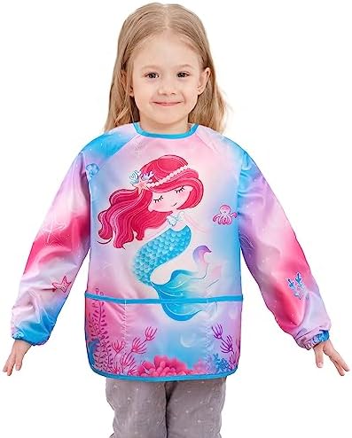 Art Smock – Kids Aprons for Girls Boys ages 3-8 Waterproof Art Smock Painting Toddler Apron for with Long Sleeve and 3 Pocket