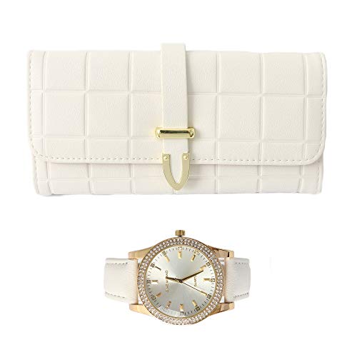 Gino Milano Women's Gold Leather Band Watch & Matching Tri-Fold Wallet Set - White