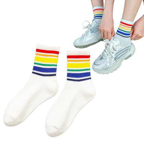 WUSJCOF 1 paire Chaussettes Pride Sport, Fierté LGBT, Gay Pride, Chaussette Mi Haute Homme, Happy Socks (Blanc), Blanc Homme Femme, Chaussettes Originales Multicolore
