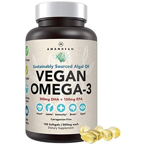 AMANDEAN Vegan Omega 3 Supplement. Premium Fish Oil Alternative! Algae DHA & EPA. Carrageenan Free Softgels. Algal Essential Fatty Acids. Plant Based Heart, Brain, Eye, Skin, Immune Support. (120ct) Cover