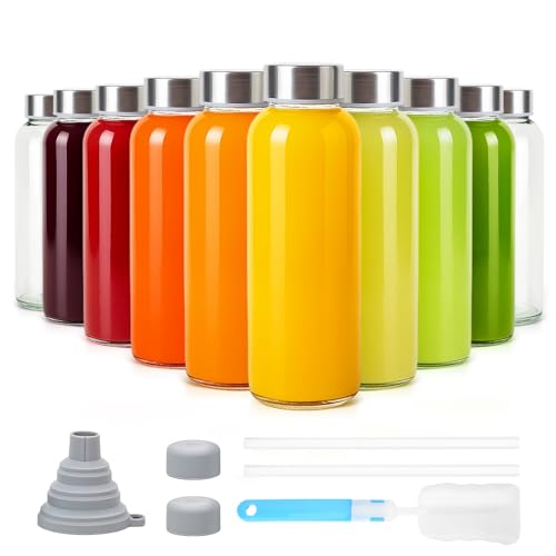Sursip 10 oz Glass Juice Bottles, 10 Pack, Leakproof Stainless Lids