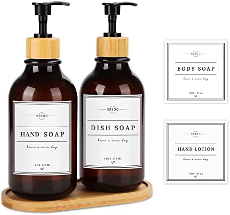 3 Pieces Kitchen Soap Dispenser Set 16 oz Dish Soap Dispenser with Bamboo Pump Soap Tray ,Dish Bathroom Soap Dispenser Set with 4 Waterproof Labels for Hand Soap Dish Soap Lotion (Brown)
