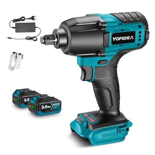 Yofidra Llave de Impacto 750 N.m, 3 Marchas Llave de Impacto Inalámbrica de 1/2' con 2 Baterías, Cargador, Destornillador de Impacto con Luz de Trabajo LED, Pistola de Impacto para Hogar y Coche