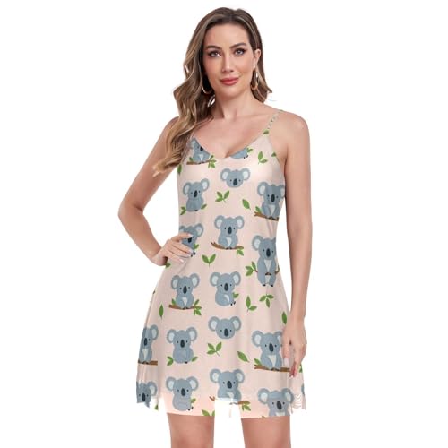 Robe d'été sans manches col en V en maille imprimé koala dos nu confortable