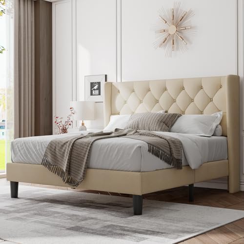 Image of Feonase Full Size Bed Frame with Upholstered Wingback Headboard, Platform Bed and Heavy Duty Wooden Slats Support, Easy Assembly, Noise-Free, No Box Spring Needed, Beige