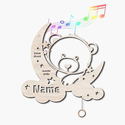 Namofactur Spieluhr Einschlafhilfe Baby Junge Mädchen - Personalisiert als Geschenk zur Geburt I Taufe I Taufgeschenk Bär auf Mond