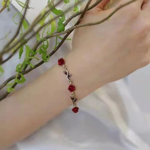 Rose Bracelets,Flower Bracelet for Women,Adjustable Red Rose Flower Link Charm Bracelet,Vintage Jewelry for Party Birthday Wedding Mother's Day Christmas Gifts4