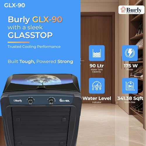Image of BHABURLY GLX 90 L Glass Top Desert Air Cooler | 16-Inch Blade | 2900 CMH Air Delivery | 190W Motor | Auto Fill Water Indicator | 1-Year Warranty | Powerful & Elegant