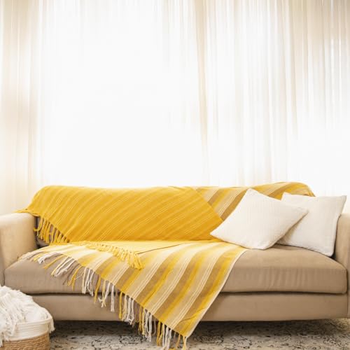 Kit 2 Mantas Para Sofá Amarela e Amarela Faixa Xale Decorativo Com Franjas De Luxo 100% Algodão 1,20