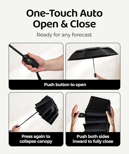 Image of Windproof Travel Umbrella - Compact & Withstands Winds up to 85MPH, Strongest Premium Auto Folding Umbrella for Rain and Sun - Durable, Light & Portable for Women & Men, Fits Backpack & Cars